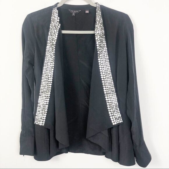 TED BAKER LONDON | Black Silk Silver Studded Open Jacket Women’s Size 0 - Picture 1 of 9